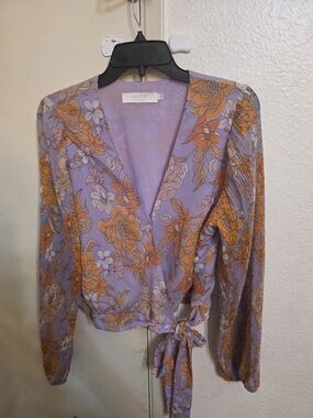 ASTR Lavender Floral Wrap Blouse with Orange Flower Print